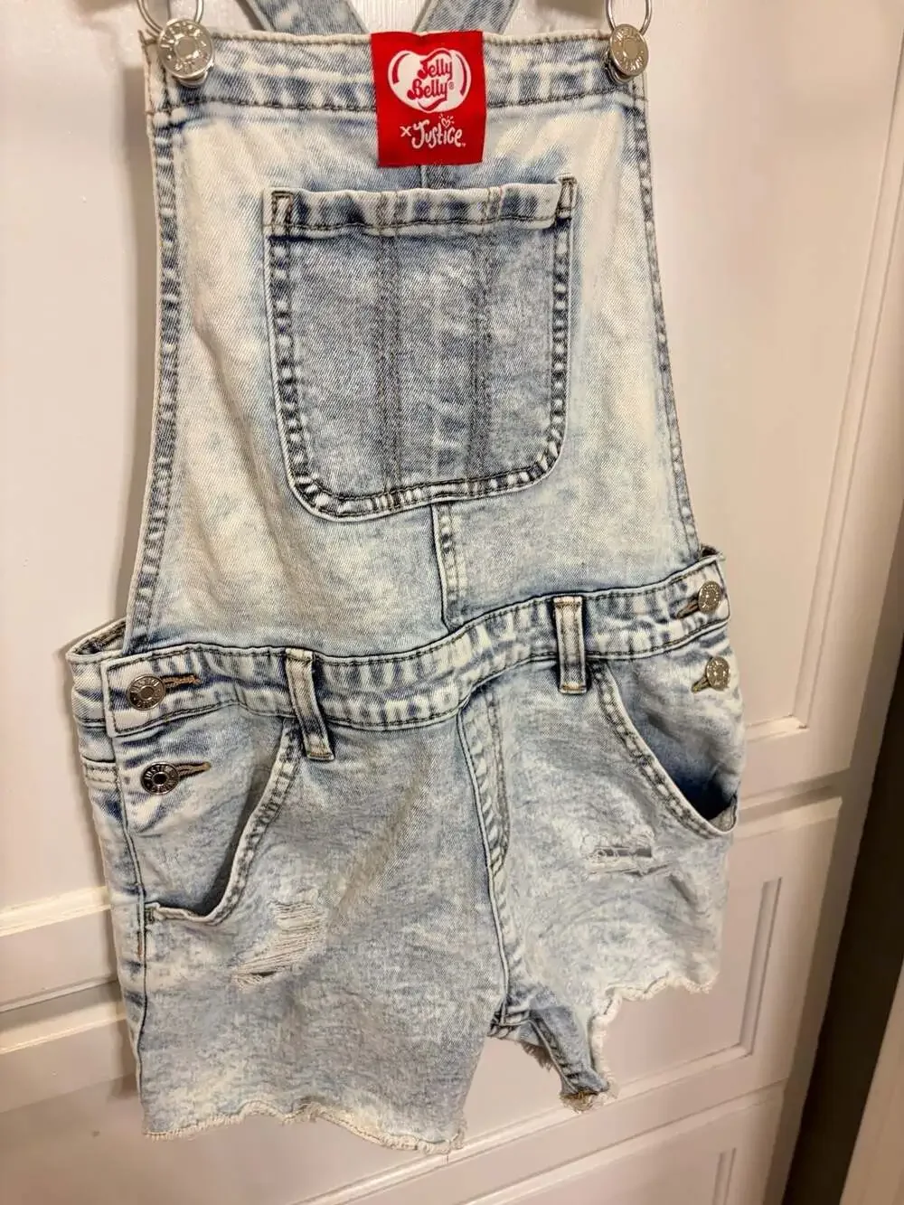 Justice x Jelly Belly Girls Denim Shortalls Rainbow Sequin Straps Size 14